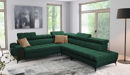 Narożnik z funkcją spania Bolmso IX zielony prawostronny komfortowy narożnik do salonu z szufladą pojemniki na pościel stylowy design