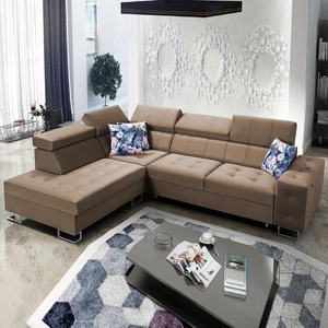 Narożnik z funkcją spania Hampton VII jasny brąz lewostronny narożnik do pokoju wykonany z aksamitnej tkaniny o gładkiej powierzchni