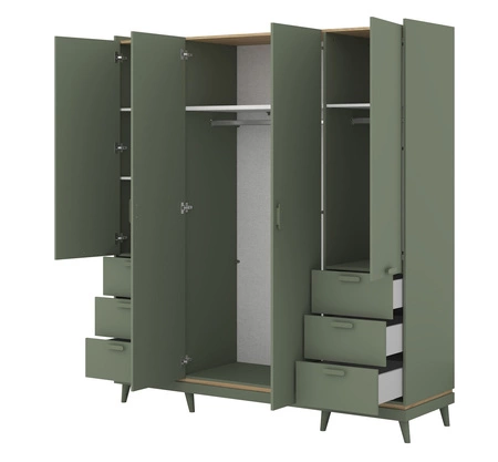 Szafa Scandia 190 cm zielona / dąb olejowany praktyczna szafa do sypialni lub pokoju nastolatka osadzona na wysokich nogach pojemne szuflady
