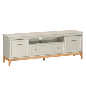 Szafka RTV Windsor 179 cm beżowy / dąb stylowa szafka o klasycznym designie wsparta na drewnianej podstawie uchwyty w kolorze miedzi