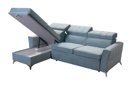 Narożnik z funkcją spania Rava żółty lewostronny velvet komfortowy i funkcjonalny narożnik z regulowanymi zagłówkami