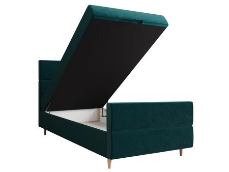 Łóżko kontynentalne Benet 100x200 turkusowe w nowoczesnym skandynawskim stylu z tapicerowanym zagłówkiem oraz zanóżkiem łóżko z pojemnikiem