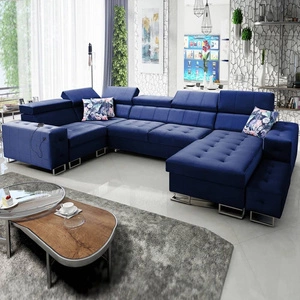 Narożnik z funkcją spania Hampton IV granatowy prawostronny funkcjonalny narożnik z dostawką która sprawdzi się jako podnóżek