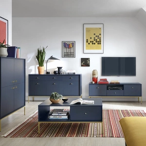Zestaw mebli Mono granatowy minimalistyczny design meblościanka do salonu lub pokoju dziennego złote metalowe elementy
