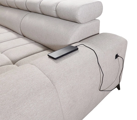 Narożnik z funkcją spania Bolmso III fioletowy prawostronny narożnik z pojemnikami na pościel szuflada z pełnym wysuwem w boczku mebla