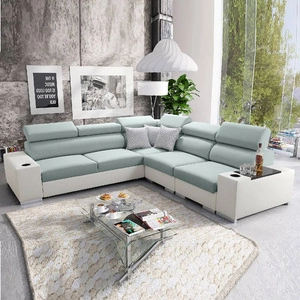 Narożnik z funkcją spania Provo III arktyczny błękit / biały prawostronny narożnik z pojemnikiem na pościel i regulowanymi zagłówkami