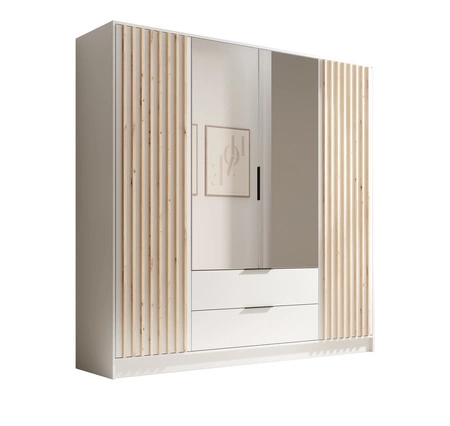 Szafa z lustrem Neri 200 cm biała stylowe lamele zdobiące drzwi szafy pojemne szuflady uchwyty krawędziowe