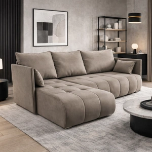 Narożnik z funkcją spania Selva ciemny beż uniwersalny narożnik z pojemnikiem na pościel wykonany z tkaniny o pluszowej powierzchni