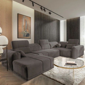 Narożnik z funkcją spania Cetara IV szary brąz lewostronny stylowy design narożnika z przesuwanymi oparciami dwa pojemniki na pościel