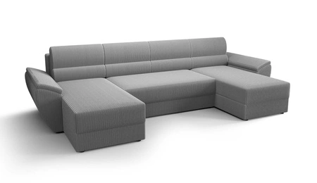 Narożnik z funkcją spania Fogu U II szary popiel wygodny narożnik z komfortowymi podłokietnikami ciekawy design pojemnik na pościel