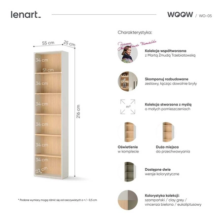 Regał Woow 55 cm szampański / dąb vincenza bielona wąski regał z funkcjonalnym oświetleniem doskonały dodatek do pokoju nastolatka