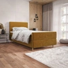 Łóżko kontynentalne Benet 100x200 musztardowe w nowoczesnym skandynawskim stylu z tapicerowanym zagłówkiem oraz zanóżkiem łóżko z pojemnikiem