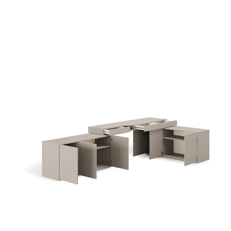 Biurko narożne Woow 338x141 cm clay grey prawe uniwersalne biurko z szufladami z opcją obustronnego montażu duże szafki w zestawie