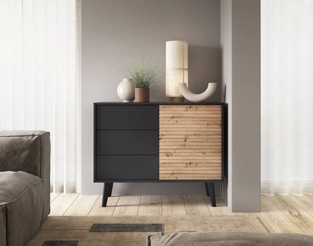 Komoda z szufladami Saipan 104 cm czarny / dąb artisan nowoczesny design elegancka forma mebla w nowoczesnym stylu dekoracyjny ryflowany dekor