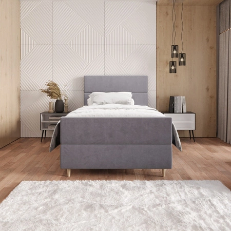 Łóżko kontynentalne Benet 90x200 jasny szary w nowoczesnym skandynawskim stylu z tapicerowanym zagłówkiem oraz zanóżkiem łóżko z pojemnikiem
