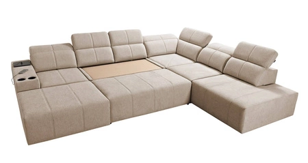 Narożnik z funkcją spania Tesalia X miodowy lewostronny nowoczesny i komfortowy narożnik z innowacyjną funkcją przesuwanego oparcia
