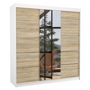 Szafa przesuwna z lustrem Bergen 200 cm biały / dąb sonoma jasny klasyczna forma dekoracyjne listwy na frontach szafy do przedpokoju