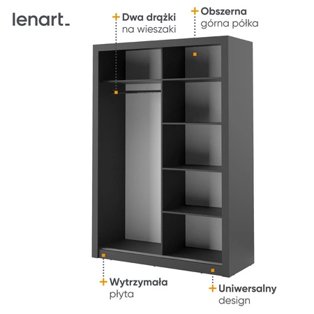 Szafa przesuwna z lustrem Arti 150 cm czarna funkcjonalna szafa do sypialni lub pokoju młodzieżowego drzwi szafy wykończone lustrami