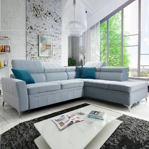 Narożnik z funkcją spania Rava III błękitny prawostronny velvet komfortowy narożnik z regulowanymi zagłówkami i pojemnikiem na pościel