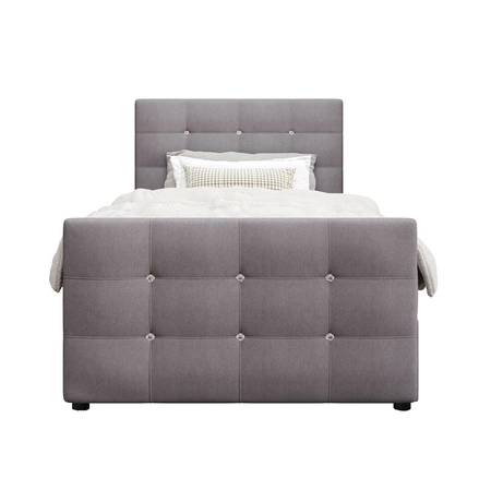 Łóżko kontynentalne Kansas 90x200 szare w nowoczesnym skandynawskim stylu z tapicerowanym zagłówkiem oraz zanóżkiem