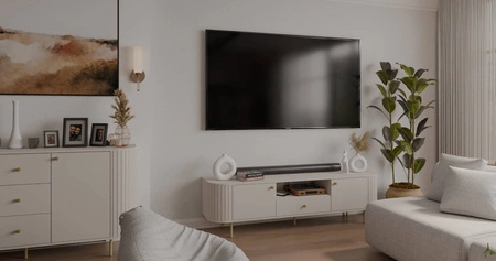 Szafka RTV Ovalio 181 cm beżowa nietuzinkowa szafka pod telewizor do salonu metalowe dodatki dekoracyjne frezowania