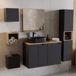 Zestaw mebli łazienkowych Nova czarny / dąb coast evoke designerskie pionowe ryflowania na frontach mebli gustowne frezowane uchwyty