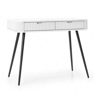 Konsola Zoya biała z szufladami stylowa oraz funkcjonalna toaletka zaoblony kształt bryły ryflowane fronty szuflad metalowe nogi