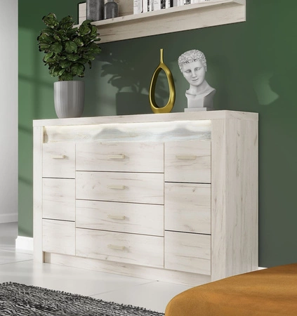 Komoda z szufladami Indiana 137 cm kraft biały elegancka stylistyka komody ozdobna deska na froncie komody oświetlona LED