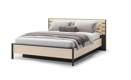 Łóżko Enna 180x200 cm beżowy / czarny / dąb natura wygodne łóżko z pojemnikiem na pościel wysoki zagłówek z oświetleniem LED