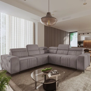 Narożnik z funkcją spania Castel III szary brąz lewostronny narożnik z dwoma pojemnikami na pościel regulowane zagłówki