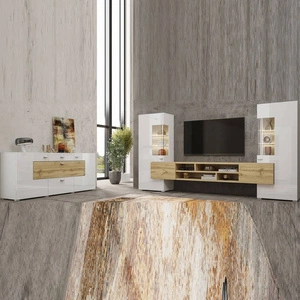 Zestaw mebli Coby biały / biały połysk / dąb wotan stylowe meble o ciekawym designie srebrne uchwyty meblościanka do salonu elementy z szkła hartowanego