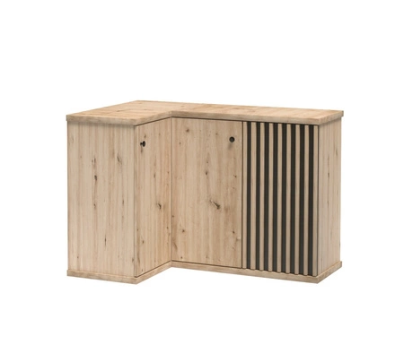 Komoda narożna Cali 82x122 cm dąb artisan / czarny elegancki i uniwersalny styl komody czarne uchwyty ozdobne lamele na drzwiach komody