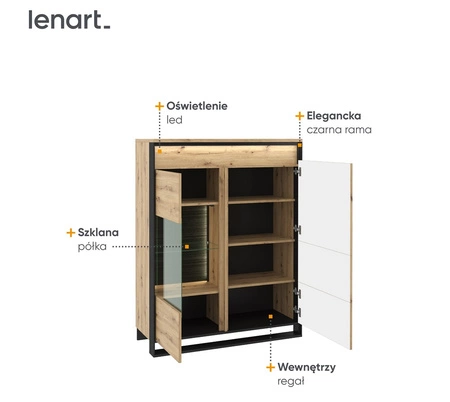 Witryna niska Quant 110 cm dąb artisan / czarny elegancka witryna do salonu w stylu loftowym z subtelnym oświetleniem LED