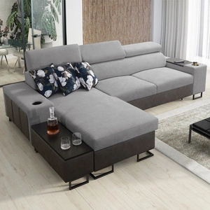 Narożnik z funkcją spania Flavio jasny szary / grafitowy lewostronny elegancki narożnik z dostawką otwierany barek w boczku mebla