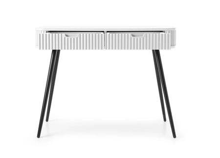 Konsola Zoya biała z szufladami stylowa oraz funkcjonalna toaletka zaoblony kształt bryły ryflowane fronty szuflad metalowe nogi