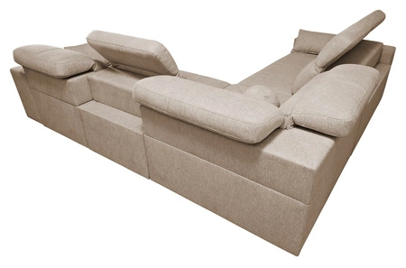 Narożnik z funkcją spania Tesalia III niebieski prawostronny komfortowy narożnik z przesuwanym oparciem dwa pojemniki na pościel