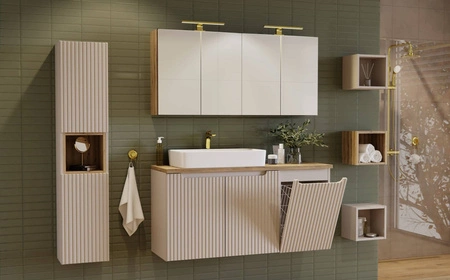 Szafka łazienkowa wisząca Nova 40 cm beżowa funkcjonalna i elegancka szafka wyposażona w kosz na pranie stylowy frezowany uchwyt