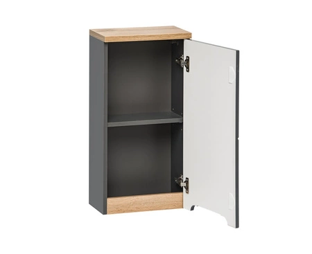 Zestaw mebli łazienkowych Bali szary połysk / dąb wotan nowoczesne szafki do łazienki stylowe frezowane uchwyty stabilna podstawa