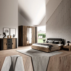 Zestaw mebli do sypialni Sigma dąb flagstaff / czarny z srebrną wstawką idealne nowoczesne meble do sypialni łóżko z tapicerowanym zagłówkiem