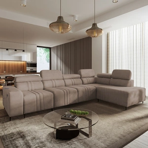 Narożnik z funkcją spania Castel XI jasny brąz prawostronny komfortowy narożnik z pojemnikiem na pościel wytrzymała tkanina