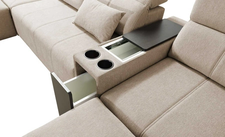 Narożnik z funkcją spania Tesalia V miętowy prawostronny komfortowy narożnik z szufladą oraz funkcją przesuwanego oparcia