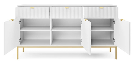 Komoda z szufladami Lovro 154 cm biała nowoczesny design zachwyci miłośników wyrazistych wnętrz złote metalowe dodatki