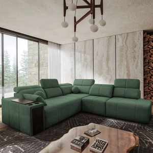 Narożnik z funkcją spania Tesalia IX miętowy prawostronny nowoczesny design komfortowe przesuwane oparcie szuflada w boczku mebla