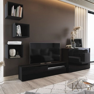 Meblościanka Aridea czarna / czarny połysk minimalistyczny design w nowoczesnej aranżacji uniwersalne i funkcjonalne meble do salonu