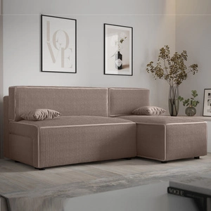 Narożnik z funkcją spania Brandon jasny brąz prawostronny trójwymiarowa tkanina o wyrazistych prążkach pojemnik na pościel