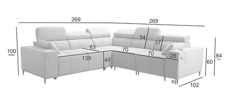 Narożnik z funkcją spania Castel III szary brąz prawostronny narożnik z dwoma pojemnikami na pościel regulowane zagłówki