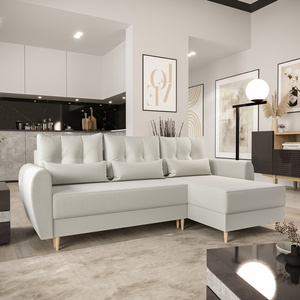 Narożnik z funkcją spania Rovigo kremowy prawostronny elegancki narożnik w skandynawskiej formie duży pojemnik na pościel