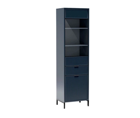 Witryna Linka 55 cm indigo geometryczny kształt designerskie wykończenie frontów ryflowaniami solidna metalowa podstawa
