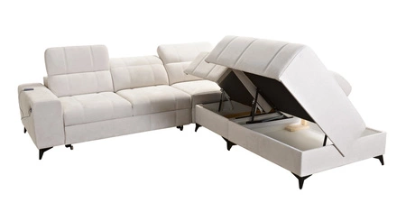 Narożnik z funkcją spania Penejos IX kremowy prawostronny stylowy narożnik z pojemnikami na pościel wygodne regulowane zagłówki