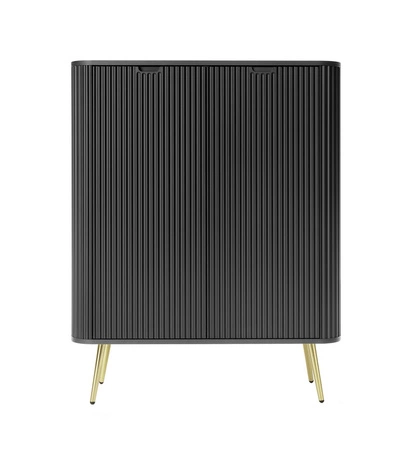 Komoda Zoya 103 cm czarna elegancki design owalny kształt bryły osadzony na złotych metalowych nogach gustowny ryflowany front